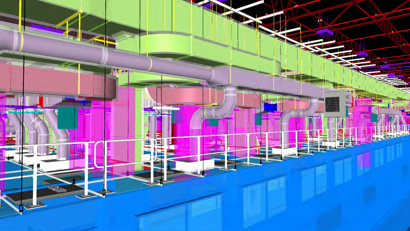 Colorful 3D model of industrial HVAC systems with ducts, pipes, and platforms in a large facility.