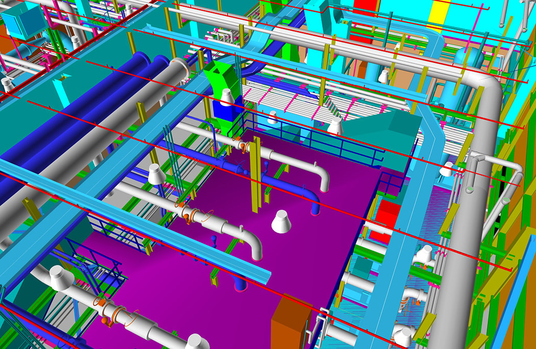 Colorful 3D model of a complex industrial piping and structural system in a facility.