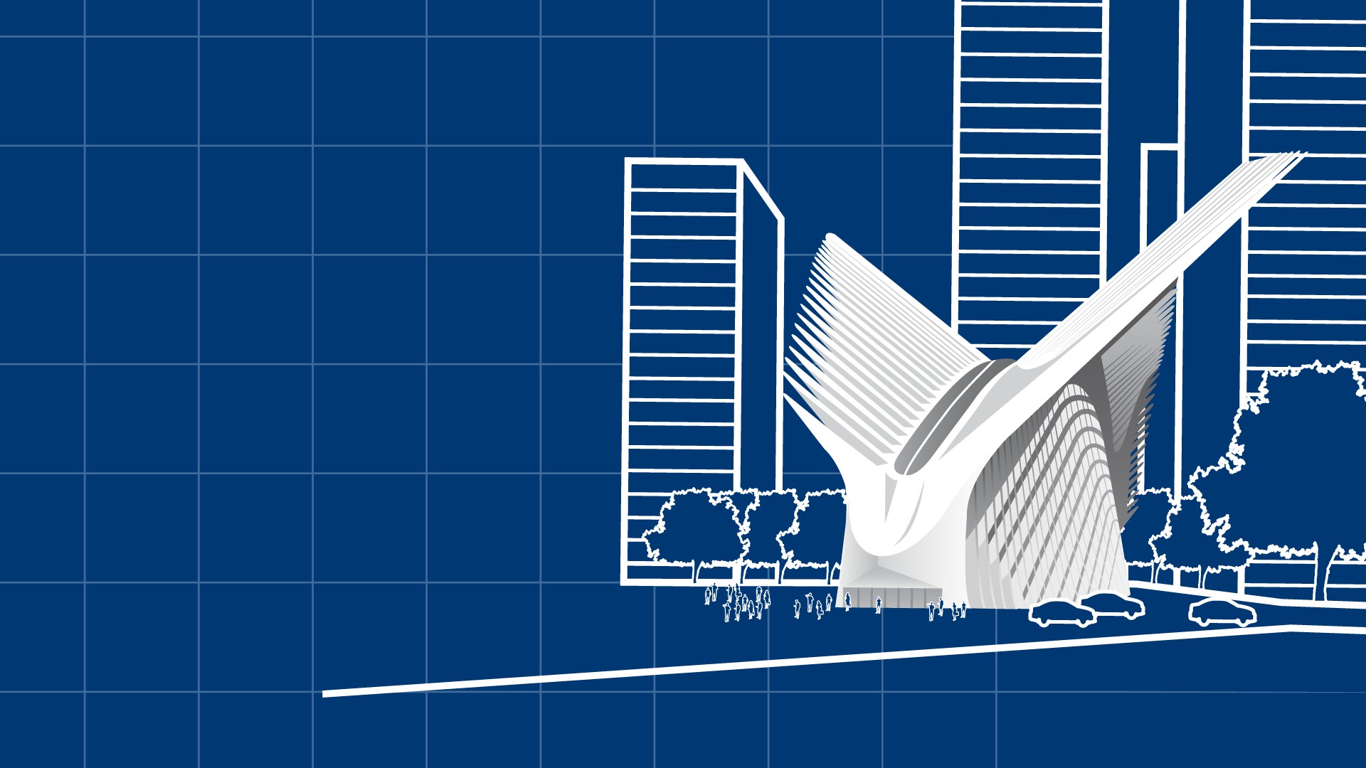 Blueprint-style illustration of a modern urban skyline with a futuristic white structure.