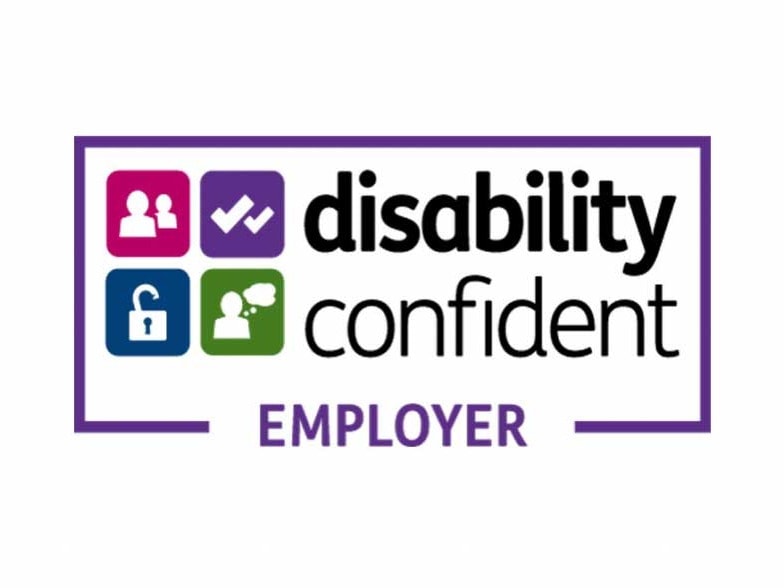 Disability Confident Employer Logo for Inclusive Workplaces Logo of a "Disability Confident Employer" featuring icons and text within a purple-bordered box.