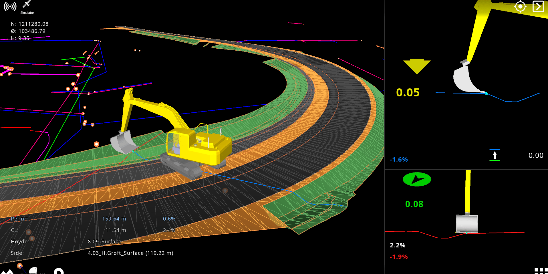 3D Excavator Simulation for Precision Road Construction Work Digital modell av en gravemaskin på en byggeplass, med detaljerte terrengkartlegging og målinger.