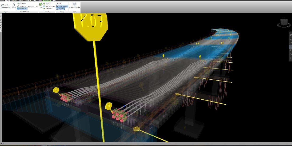 3D Bridge Construction Model with Cable-Stayed Design Details 3D tunnelmodell i et designprogram, som viser strukturelle elementer og justeringsmarkører.