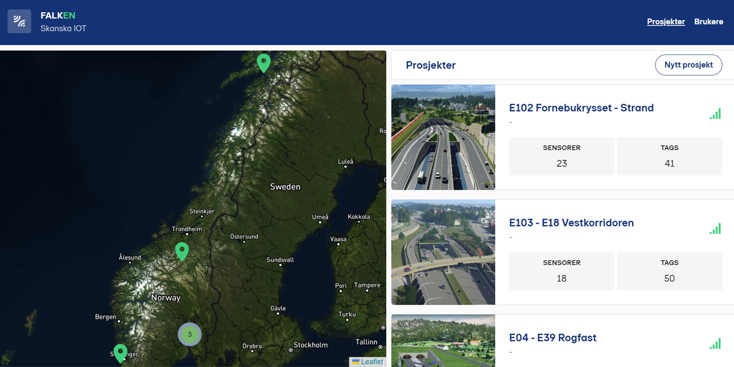 FALKEN Skanska IoT Traffic Projects Dashboard in Norway and Sweden Kartgrensesnitt for Skanska IoT-prosjekter i Skandinavia med sensor- og tagdata; prosjekter listet til høyre.