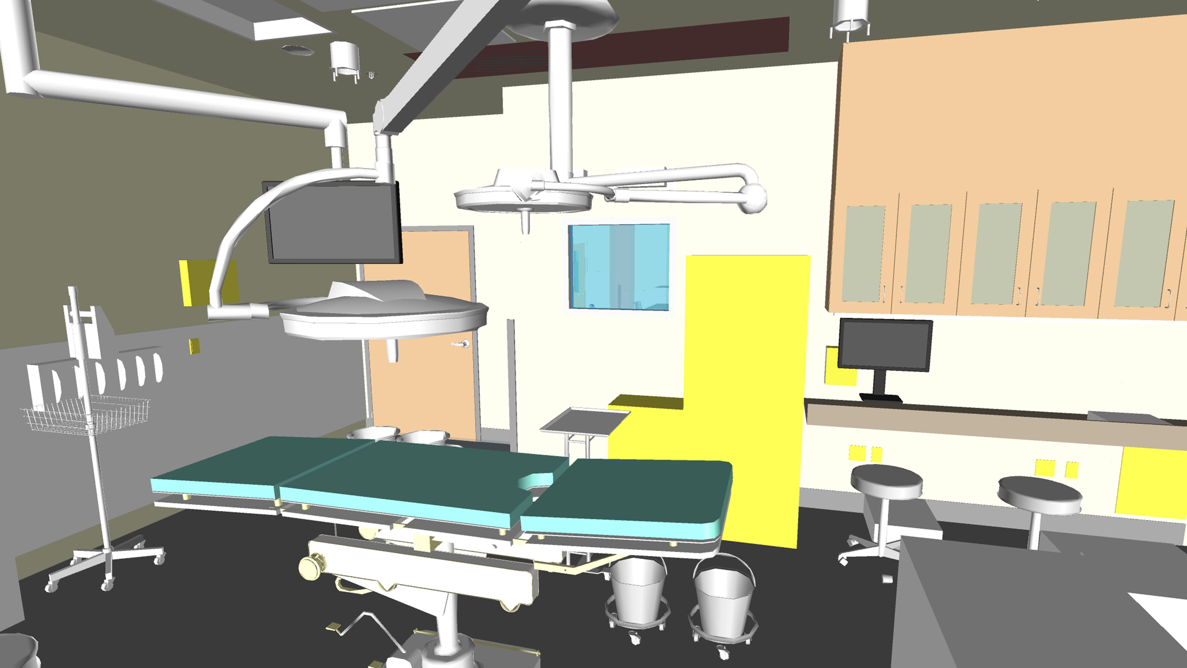 3D rendering of a modern operating room featuring surgical lights, tables, and medical equipment.