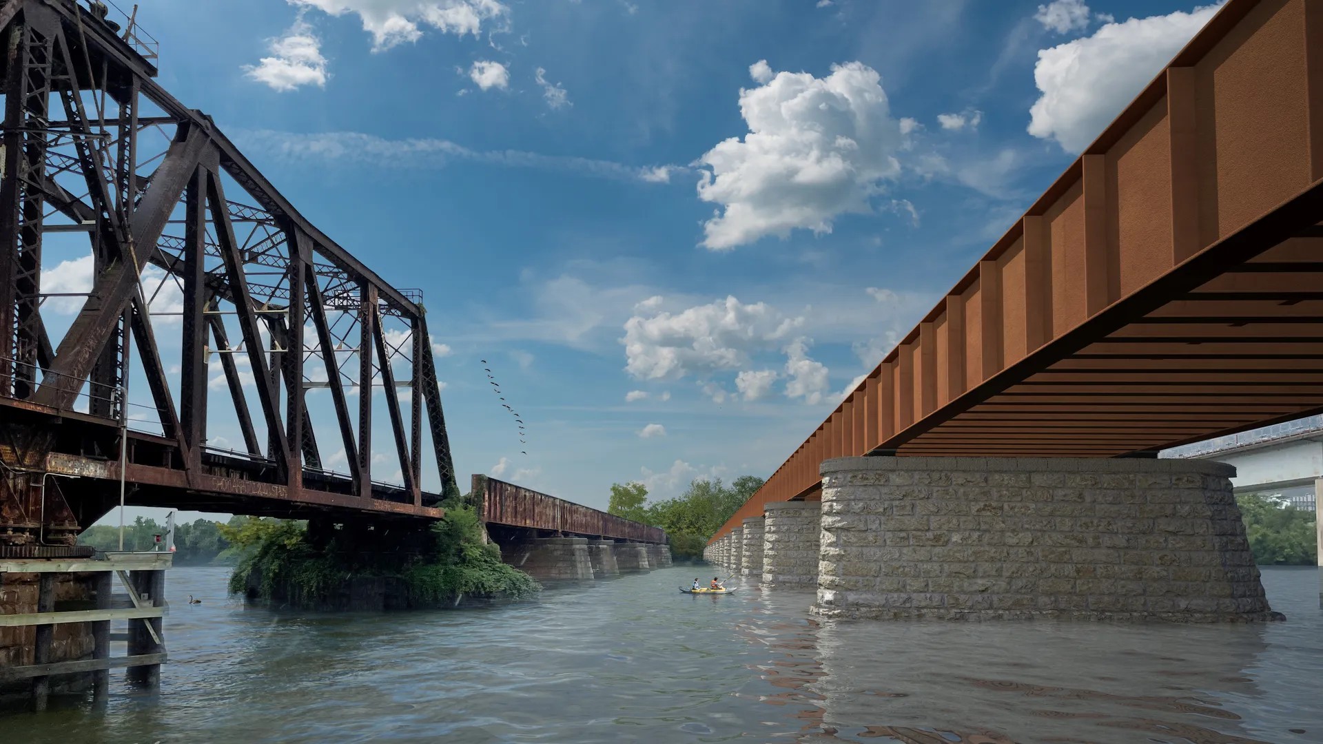 Rustic iron and stone bridges over calm river under blue sky Rusty old iron bridge next to a modern steel bridge over calm river water under blue sky.