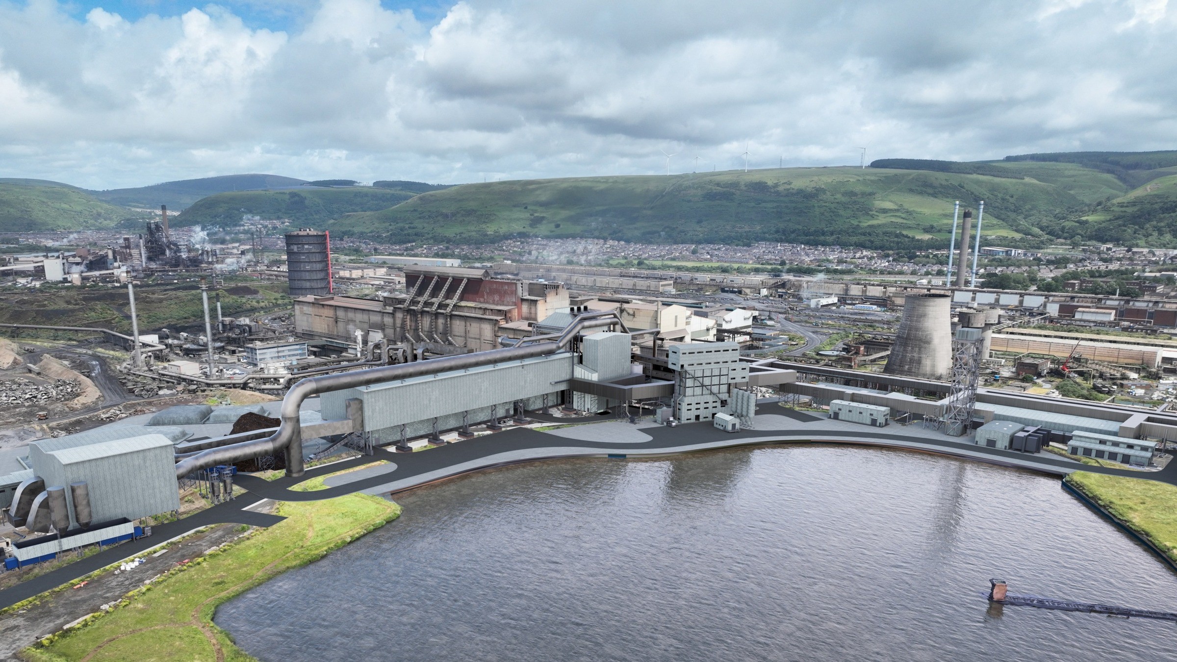 A large industrial factory complex near a body of water with green hills in the background.