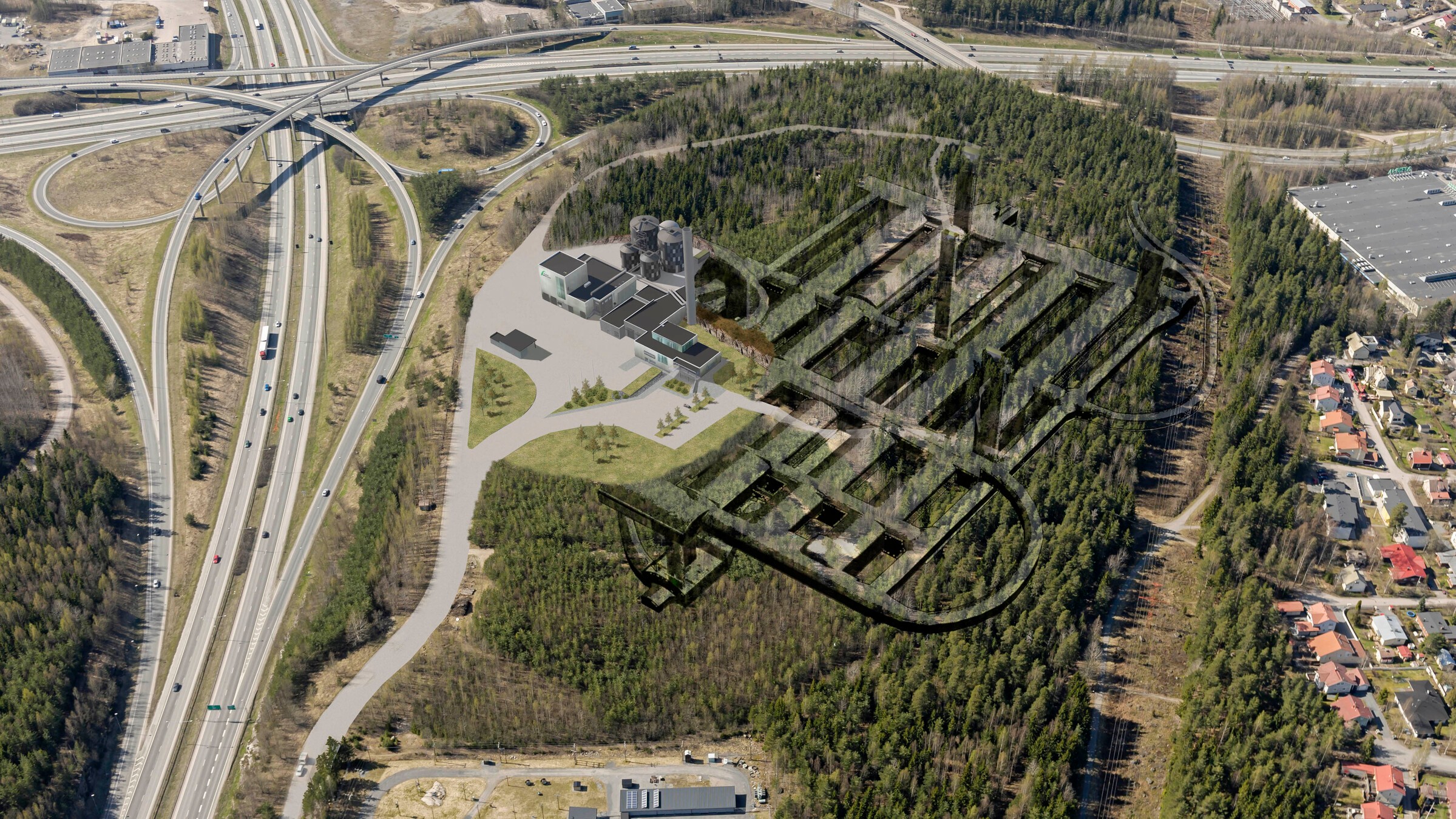 20191113 Aerial view of the Sulkavuori wastewater plant with undergroud parts 20191113 Aerial view of the Sulkavuori wastewater plant with underground parts