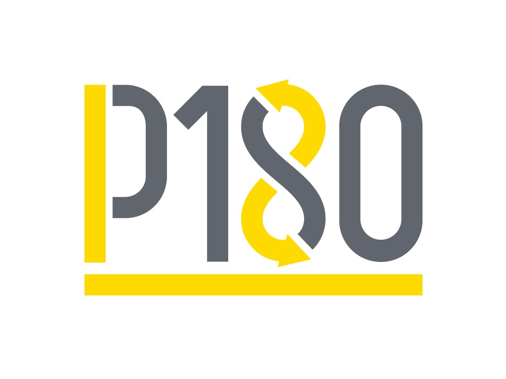 logo P180 with the symbol of yellow and gray arrows Logo "P180" with yellow arrows forming the infinity symbol.