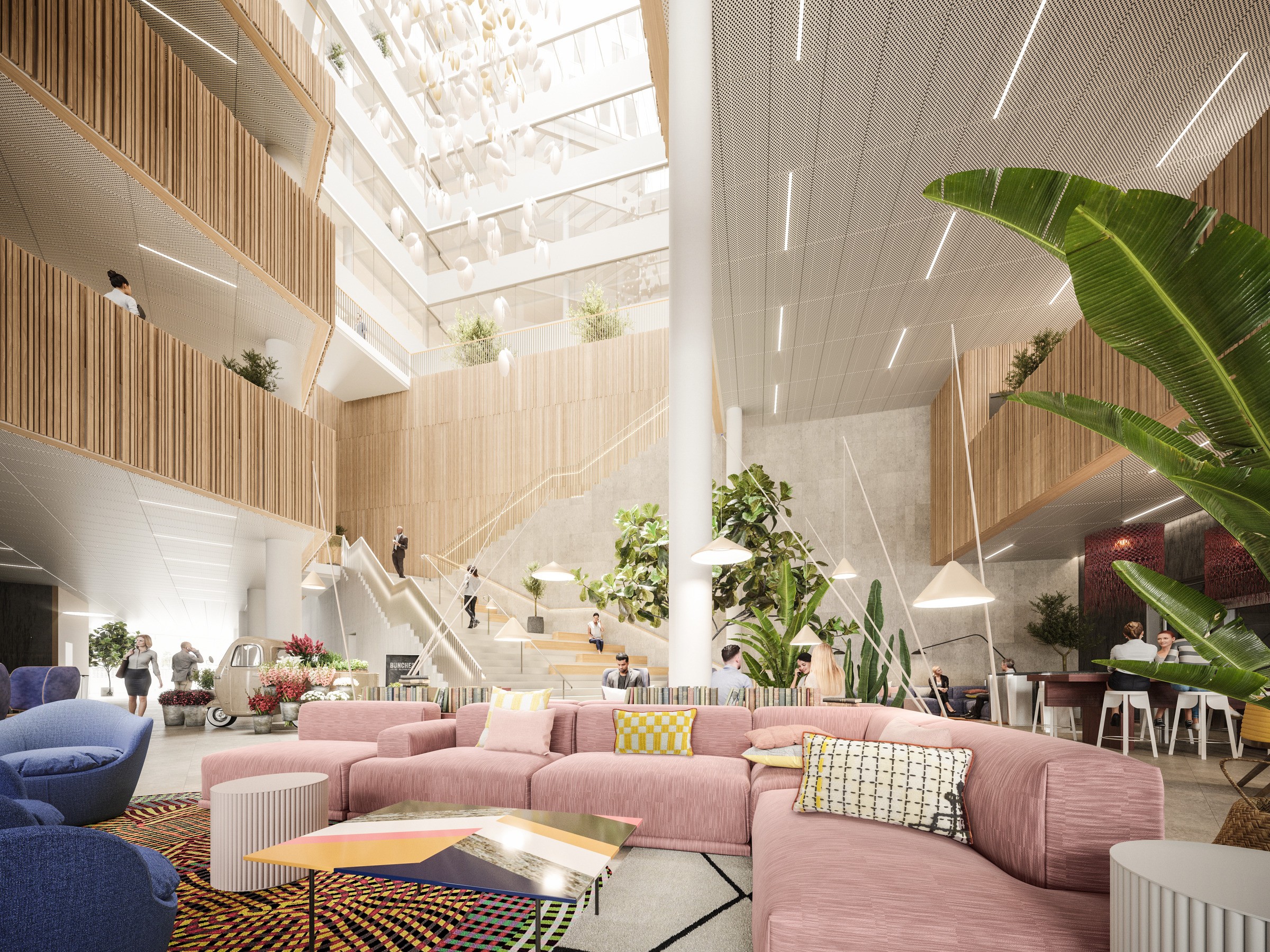 Modern atrium mit bunten Sitzgelegenheiten, großen Pflanzen und offenen Treppen, mit reichlich natürlichem Licht.