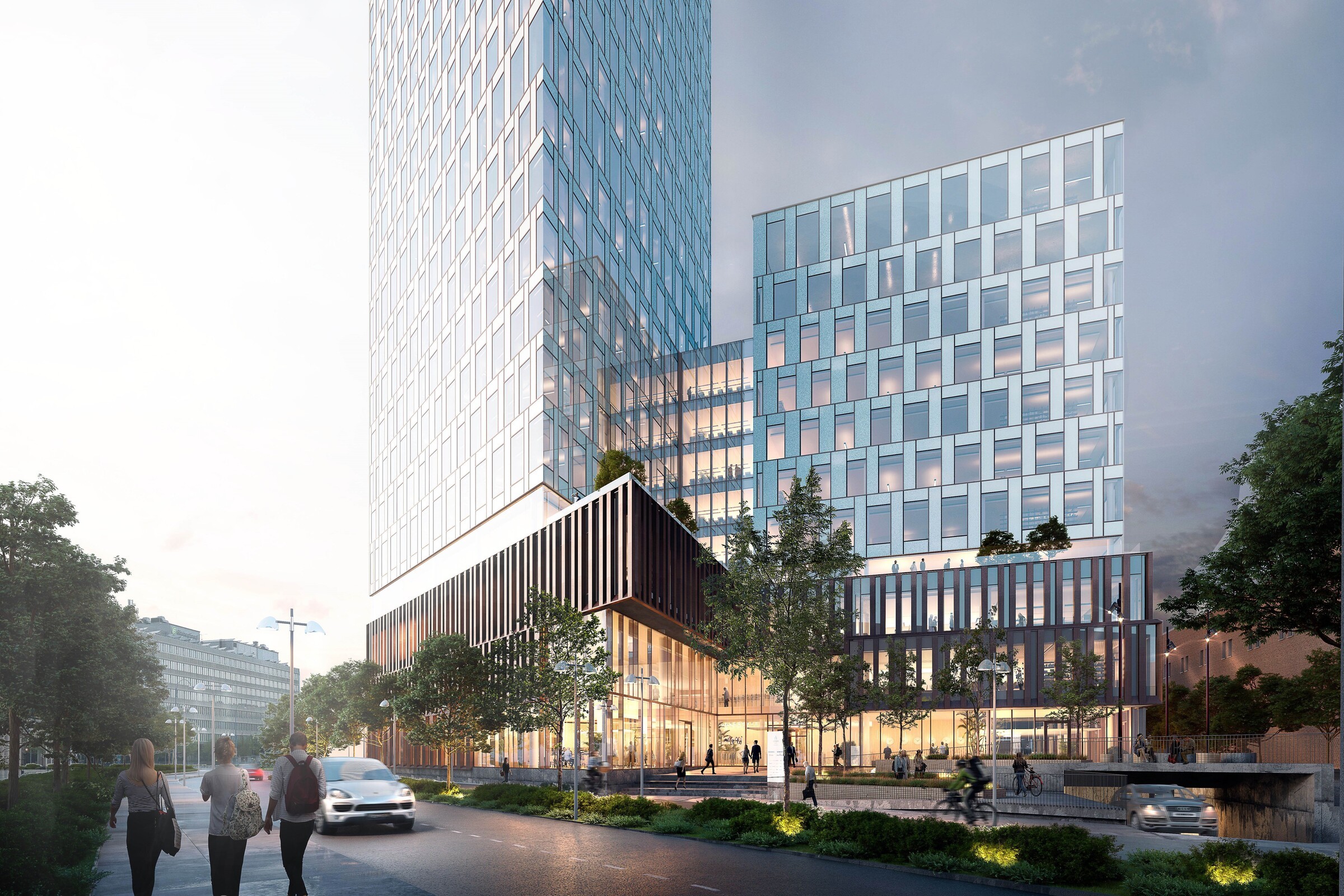 Modern urban architecture with glass skyscrapers, trees, and pedestrians on a city street.