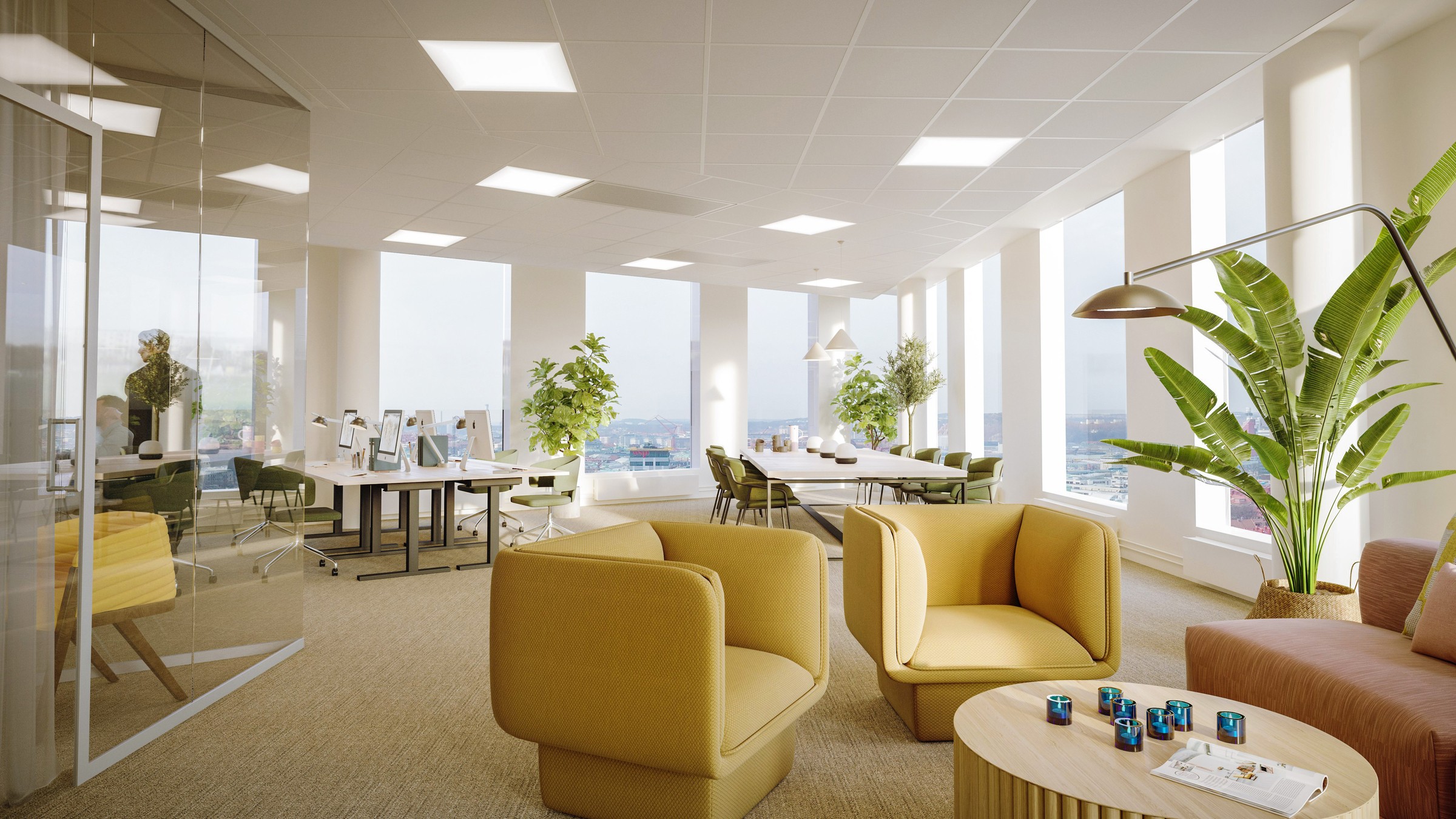 Modern office space with bright lighting, yellow chairs, large windows, and lush green plants.