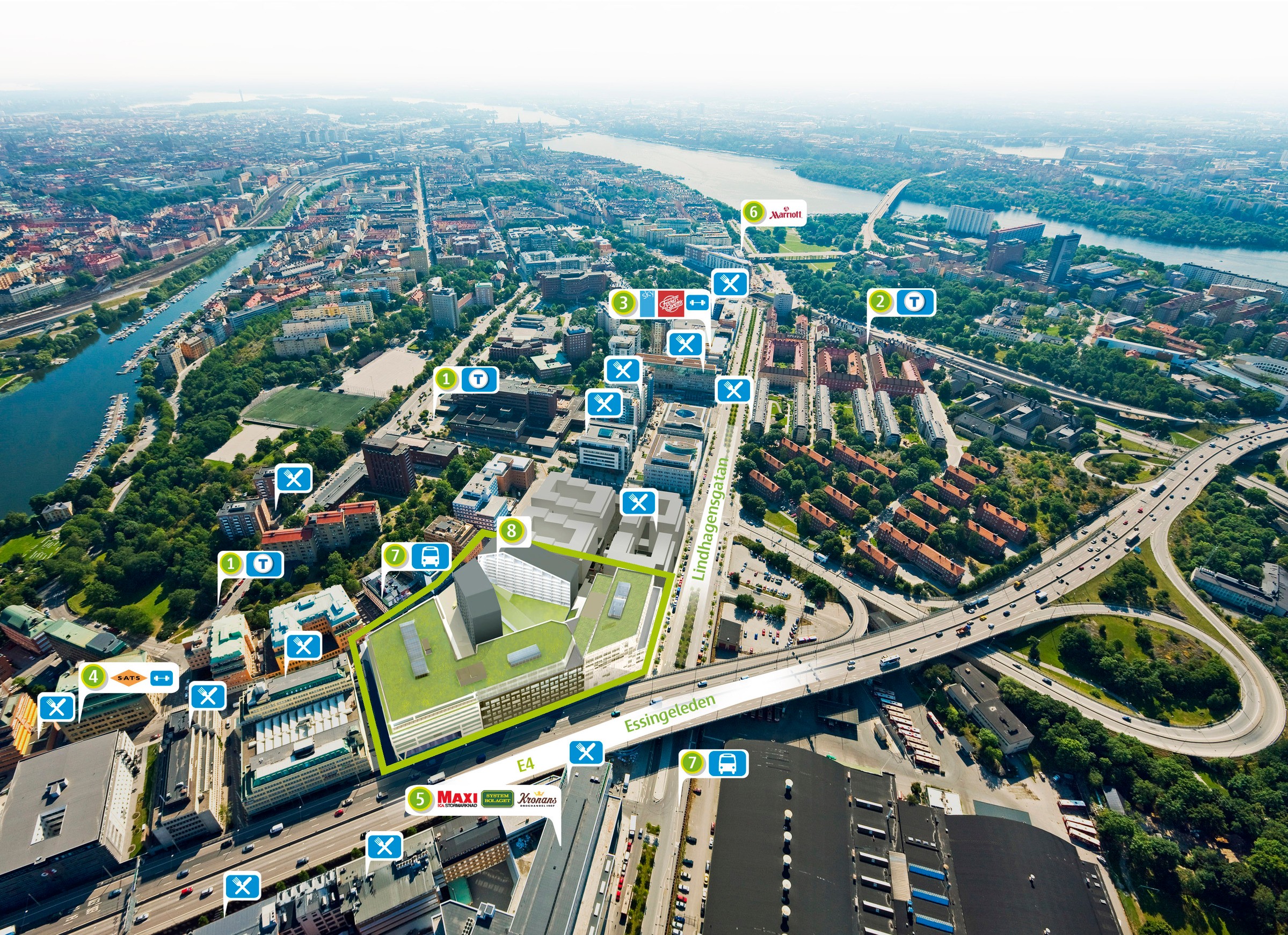 Aerial view of a cityscape with labeled buildings, roads, and green spaces near a river.