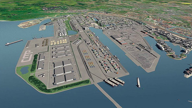 Norra Hamnen Aerial view of an expansive port with cargo ships, warehouses, and container terminals.
