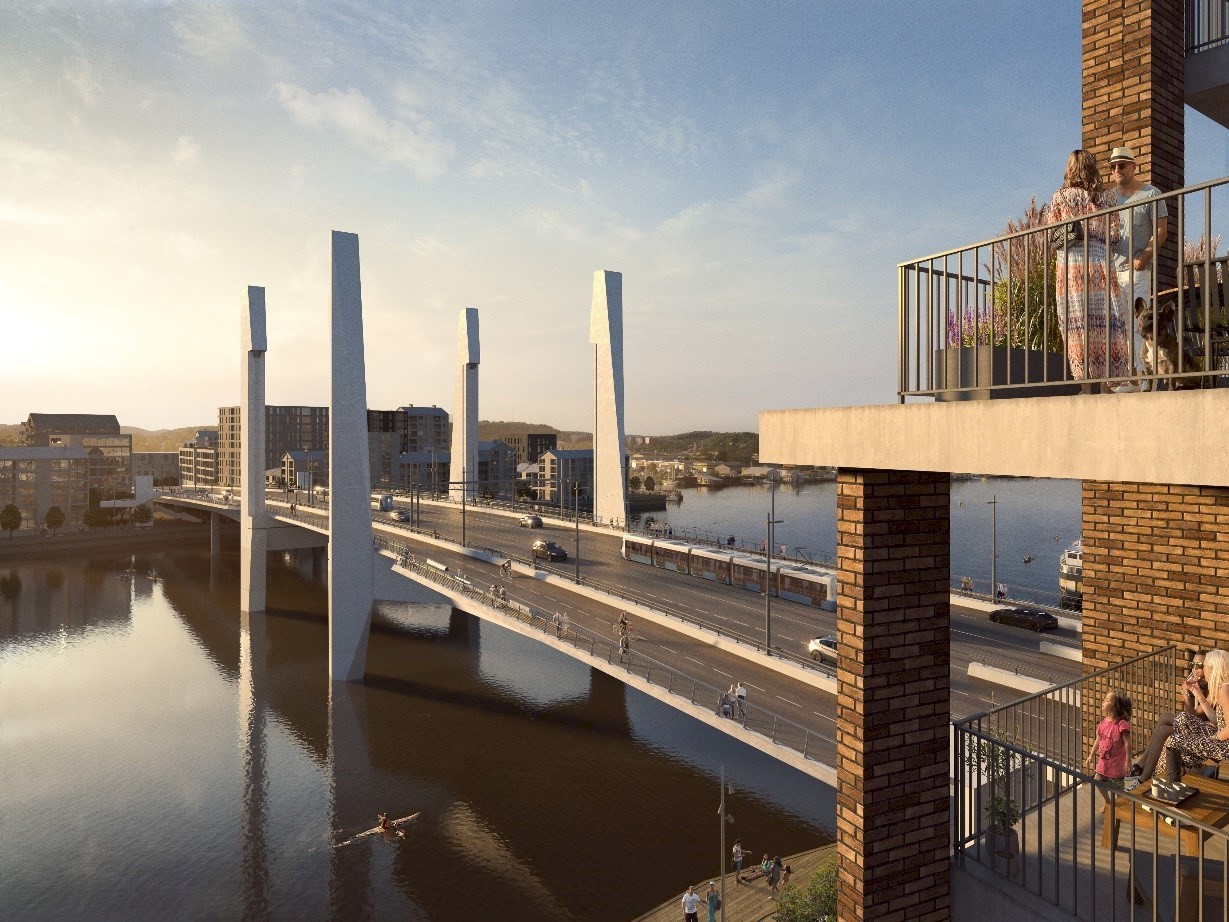 Moderner Brücke über einen ruhigen Fluss, mit Menschen auf Balkonen und städtischen Gebäuden im Hintergrund.