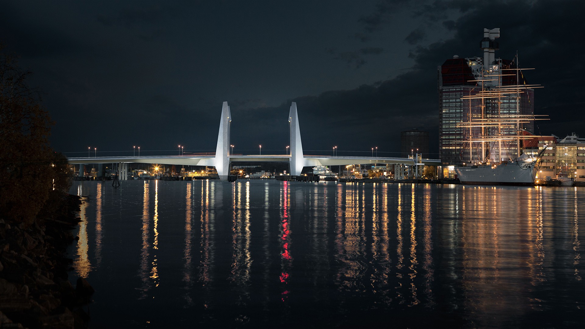 Night view of a lit modern bridge over calm waters, reflecting urban lights and structures nearby.