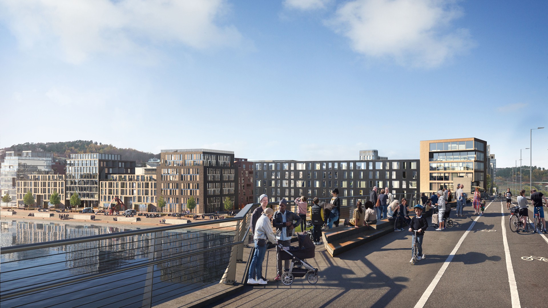 Modern waterfront cityscape with people enjoying a sunny day on a bridge.