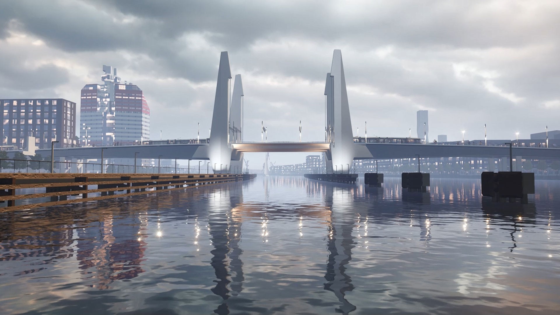 Modern bridge with tall supports spans over a calm river, reflecting cityscape under cloudy skies.