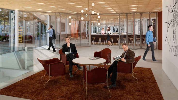 Moderne Büro-Lounge mit stilvollen Sitzgelegenheiten, Beleuchtung von oben und sich austauschenden Fachleuten.