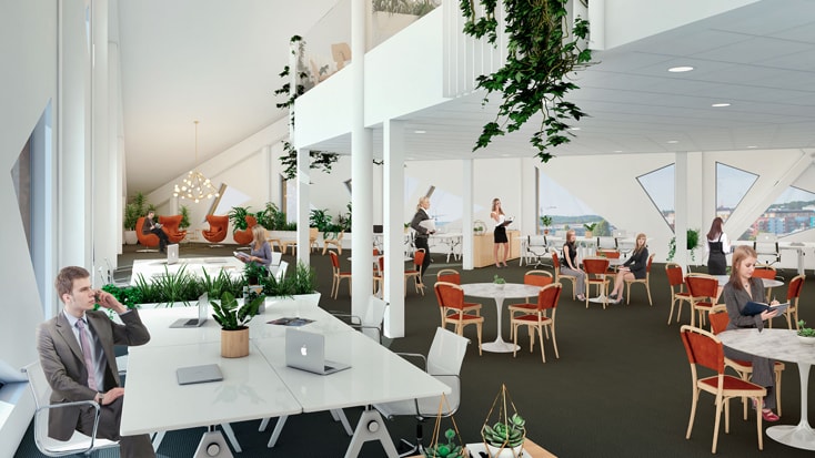 Modernes Büro mit offenem Grundriss, Grünpflanzen, großen Fenstern und Menschen, die an Schreibtischen und Tischen arbeiten.
