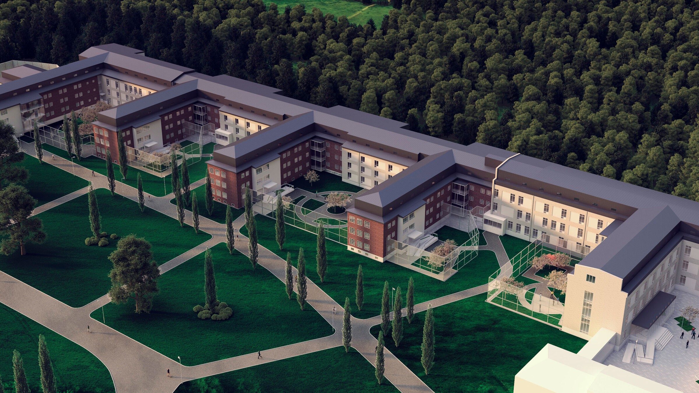 Aerial view of modern apartment complex surrounded by lush greenery and walking paths.