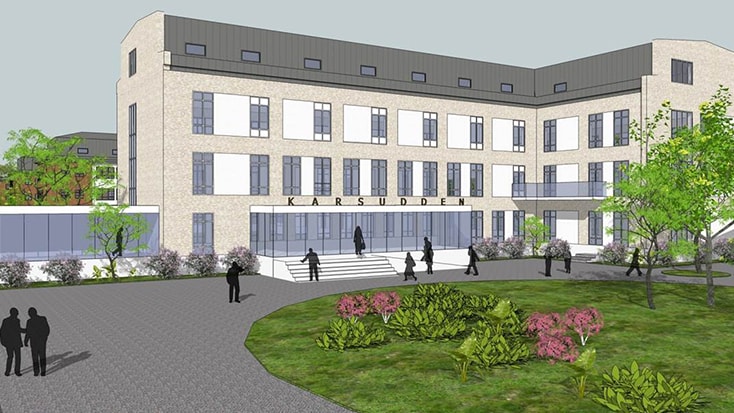 Architectural rendering of Karsudden building with landscaped garden and figures walking.