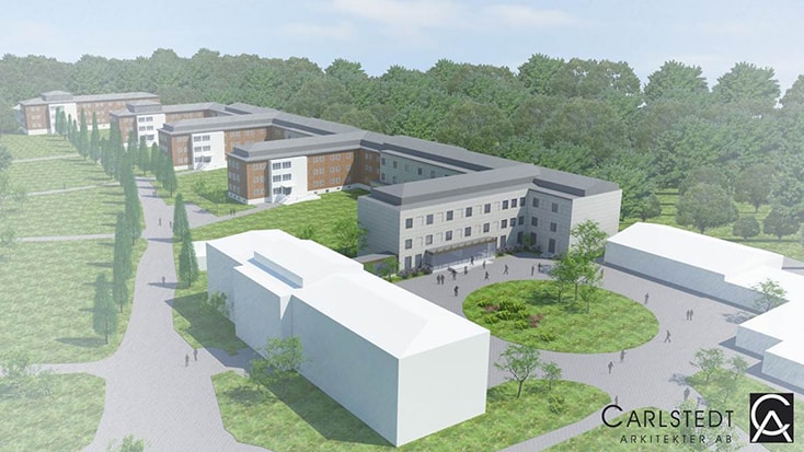 Architectural rendering of a modern residential complex surrounded by greenery and pathways.