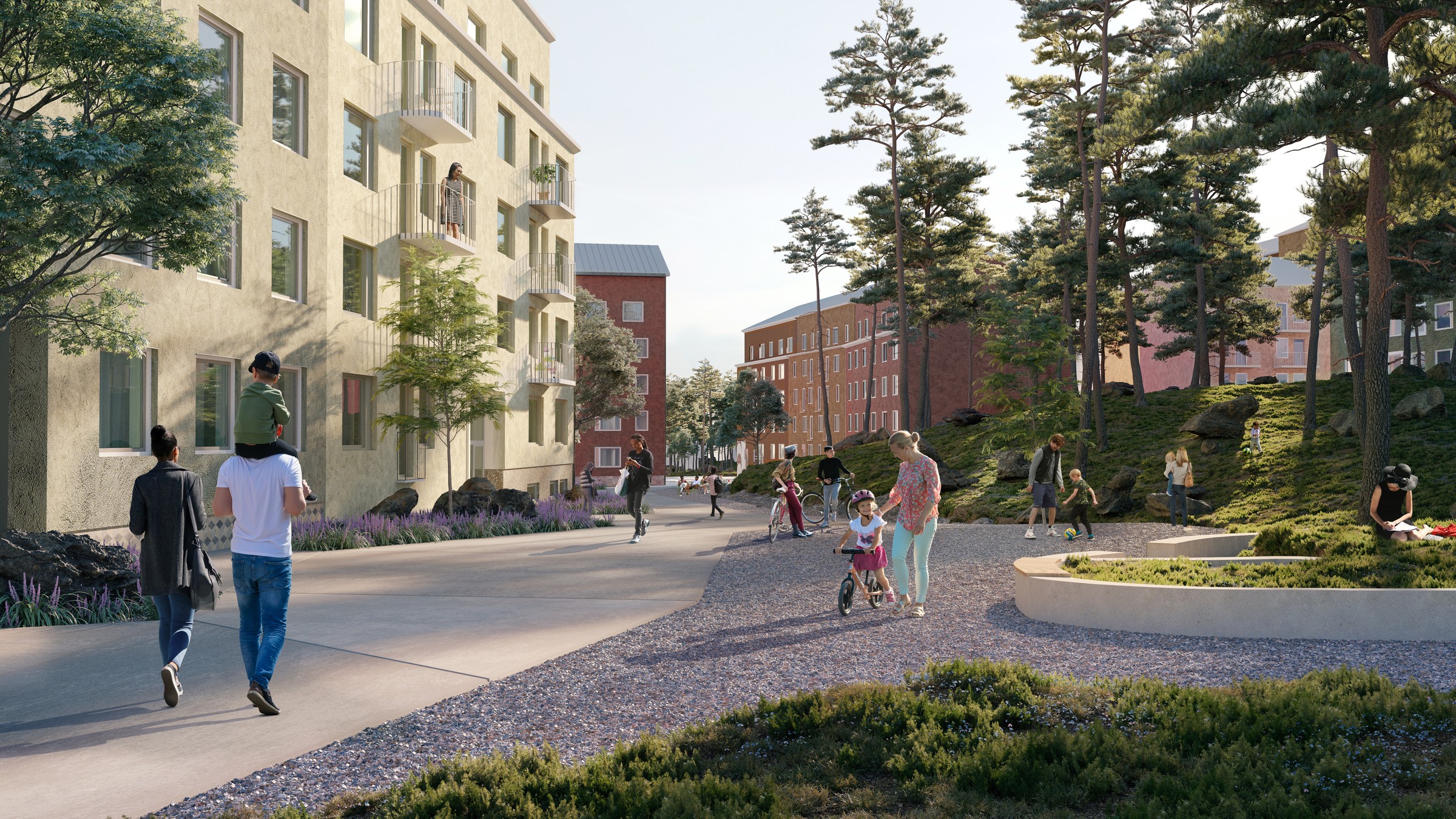 Kista Parkstad is emerging in a unique park environment with great natural and cultural values. A vibrant urban scene with people walking and children playing in a tree-lined residential area.