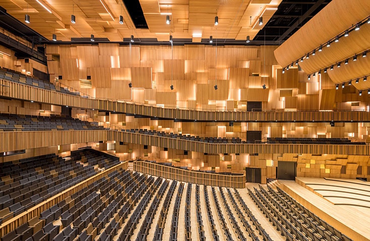Malmö Live Modern auditorium with tiered seating, wooden accents, and advanced lighting fixtures.