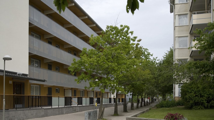 Modern apartment buildings with green trees lining a paved walkway in a residential area.