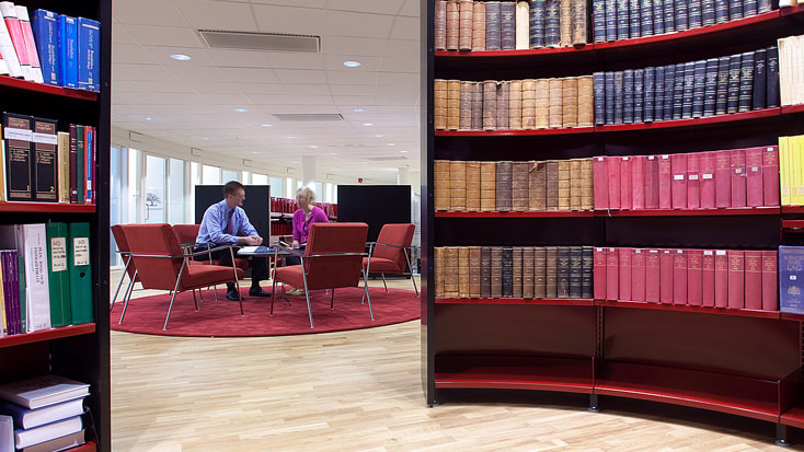 Library setting with two people conversing at a table, surrounded by bookshelves filled with volumes.