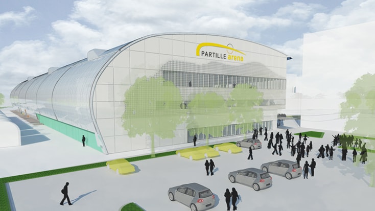 Architectural rendering of Partille Arena with a curved glass facade and people gathering outside.