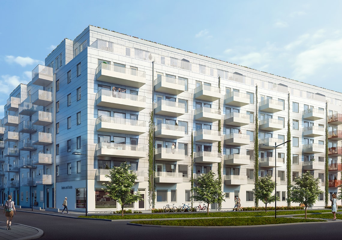 The condominiums in Sjösättningen. Image source: Fojab. Modern apartment building with multiple balconies, street view, and surrounding greenery.