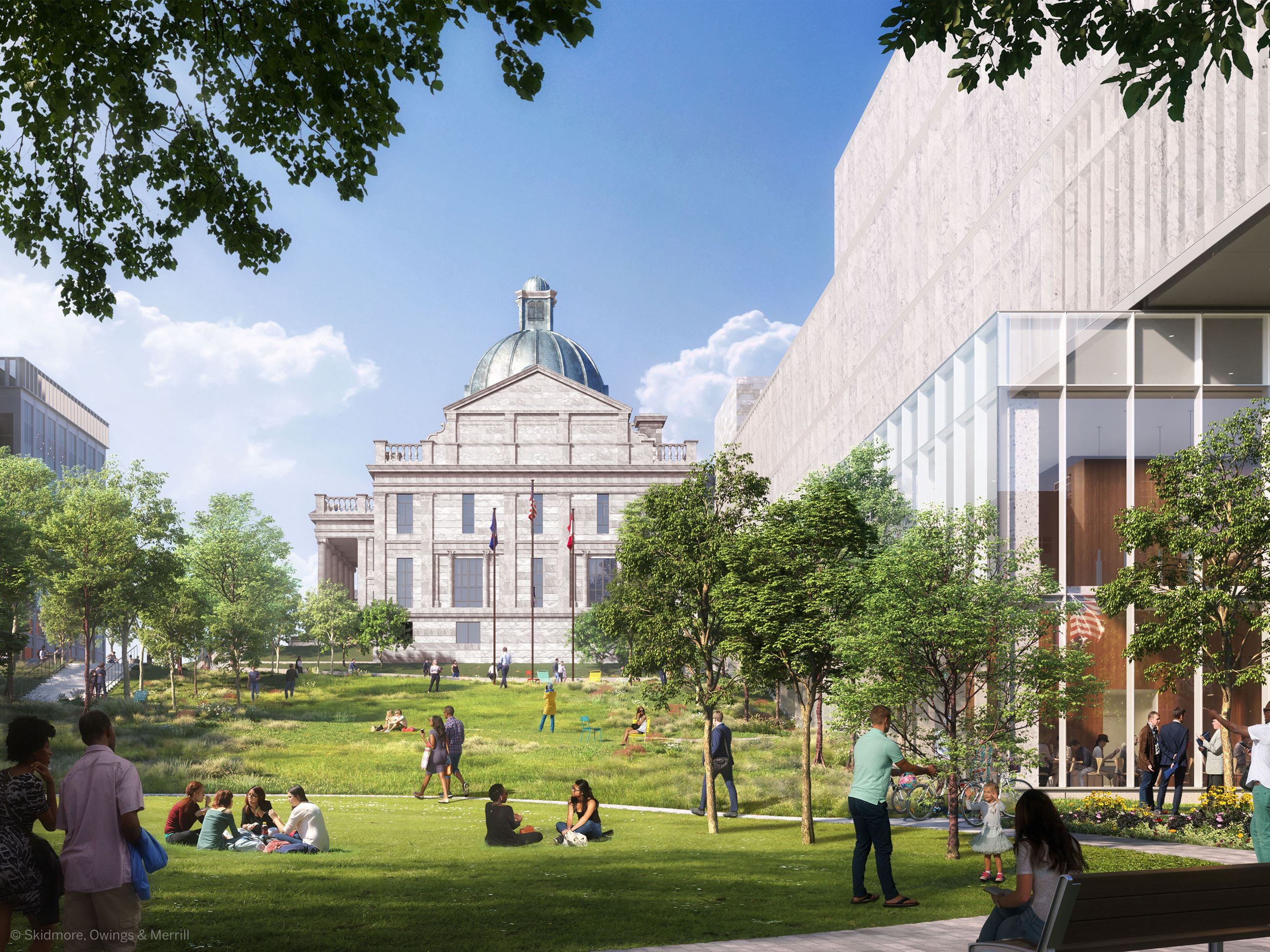 Historic building with green park and people enjoying outdoors Park area with people relaxing and a historic domed building in the background.