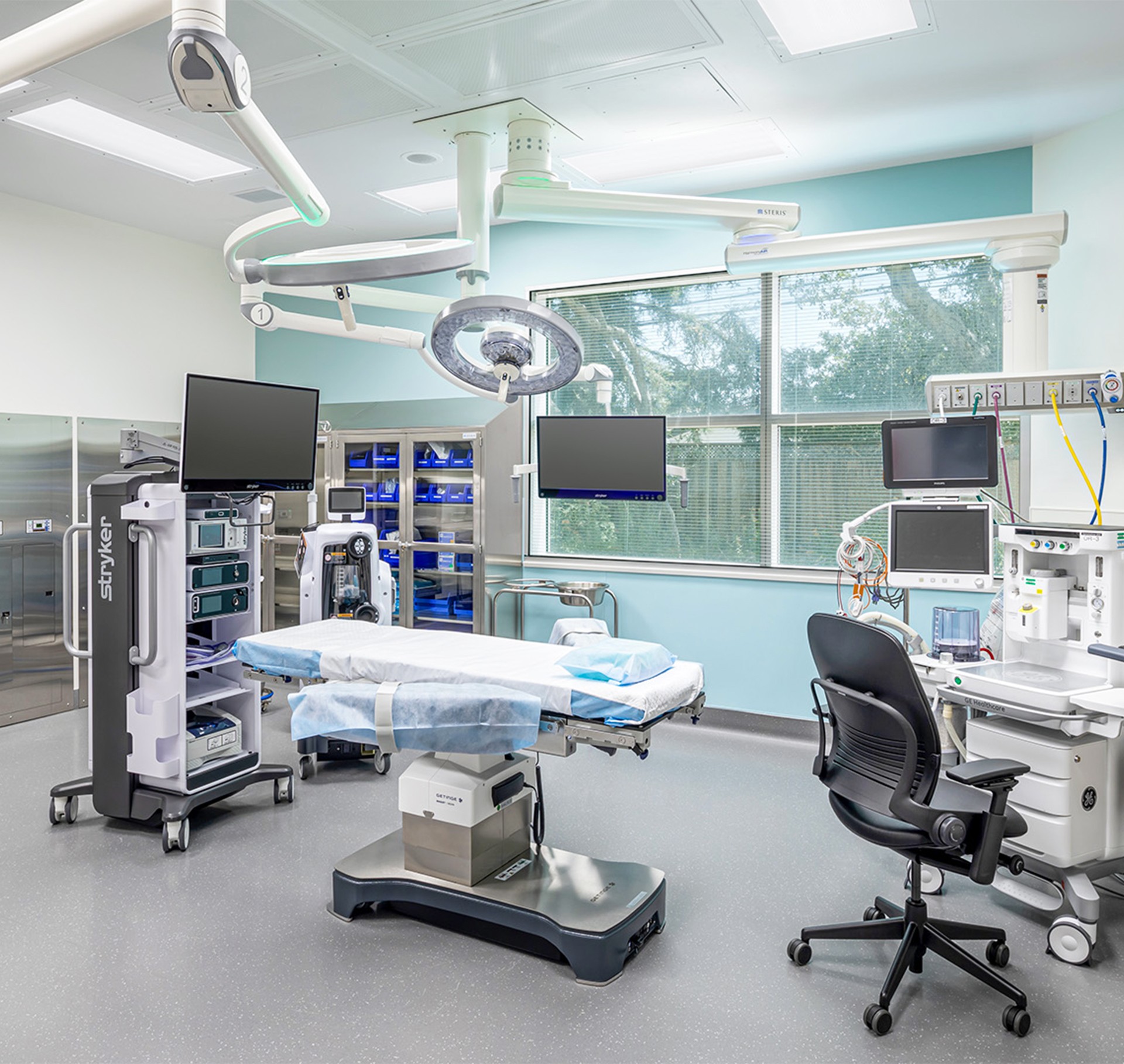 Modern Surgical Operating Room with Advanced Medical Equipment Modern, well-equipped medical operating room with surgical lights and monitors.