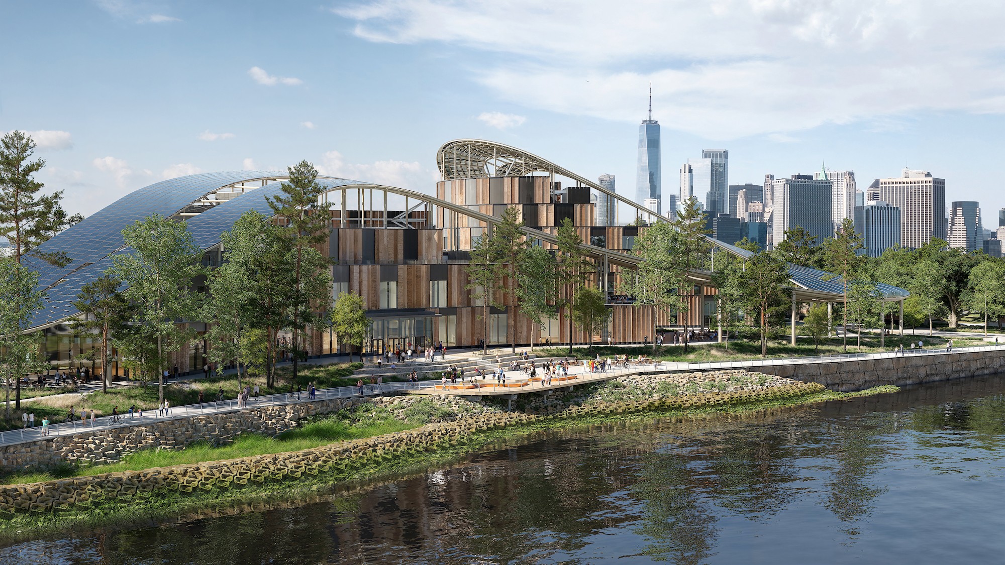 Modern Waterfront Park with Urban Skyline and Green Trees Modern wooden building with curved roof and trees by a river, city skyline background.