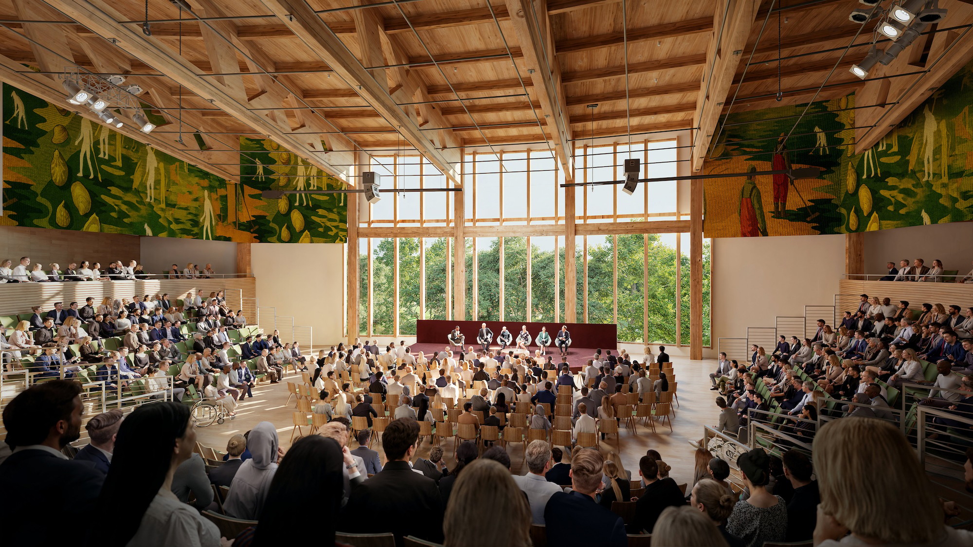 Audience watching a panel discussion in a bright, wood-ceilinged conference hall.