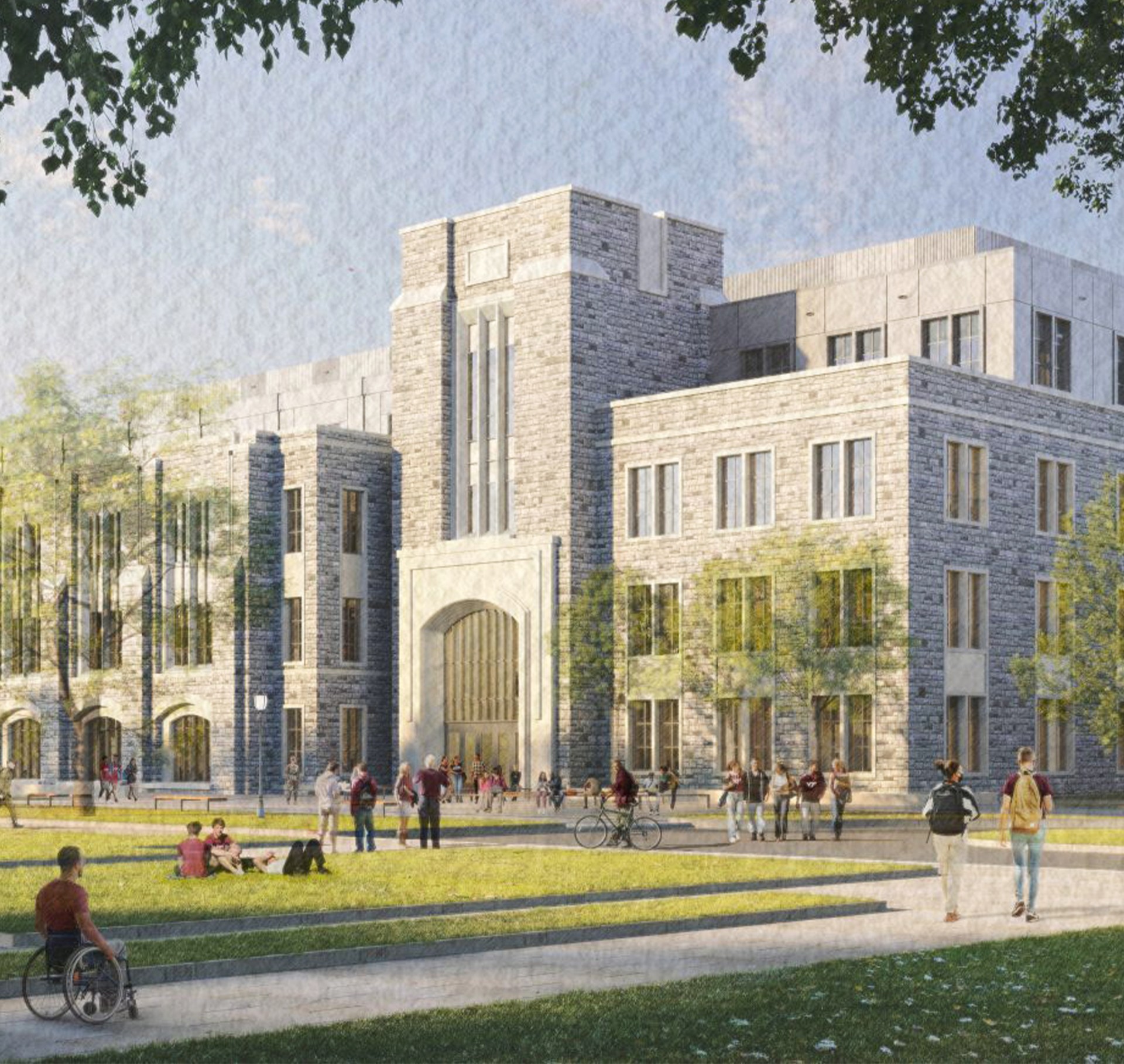 Modern university building with students and wheelchair access Modern stone university building with students walking and sitting on the lawn.