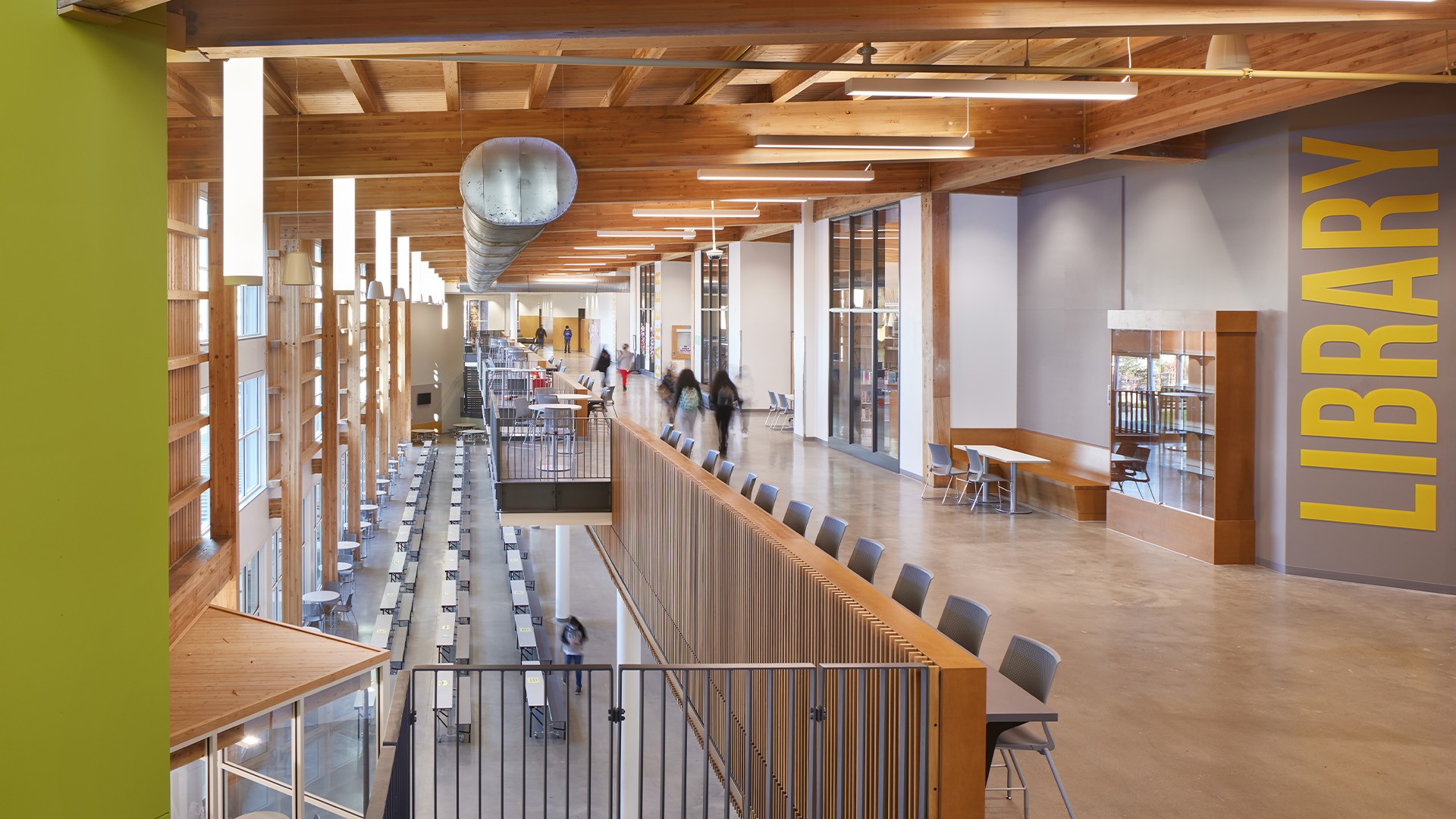 Modern high school with cross laminated timber ceiling and beams