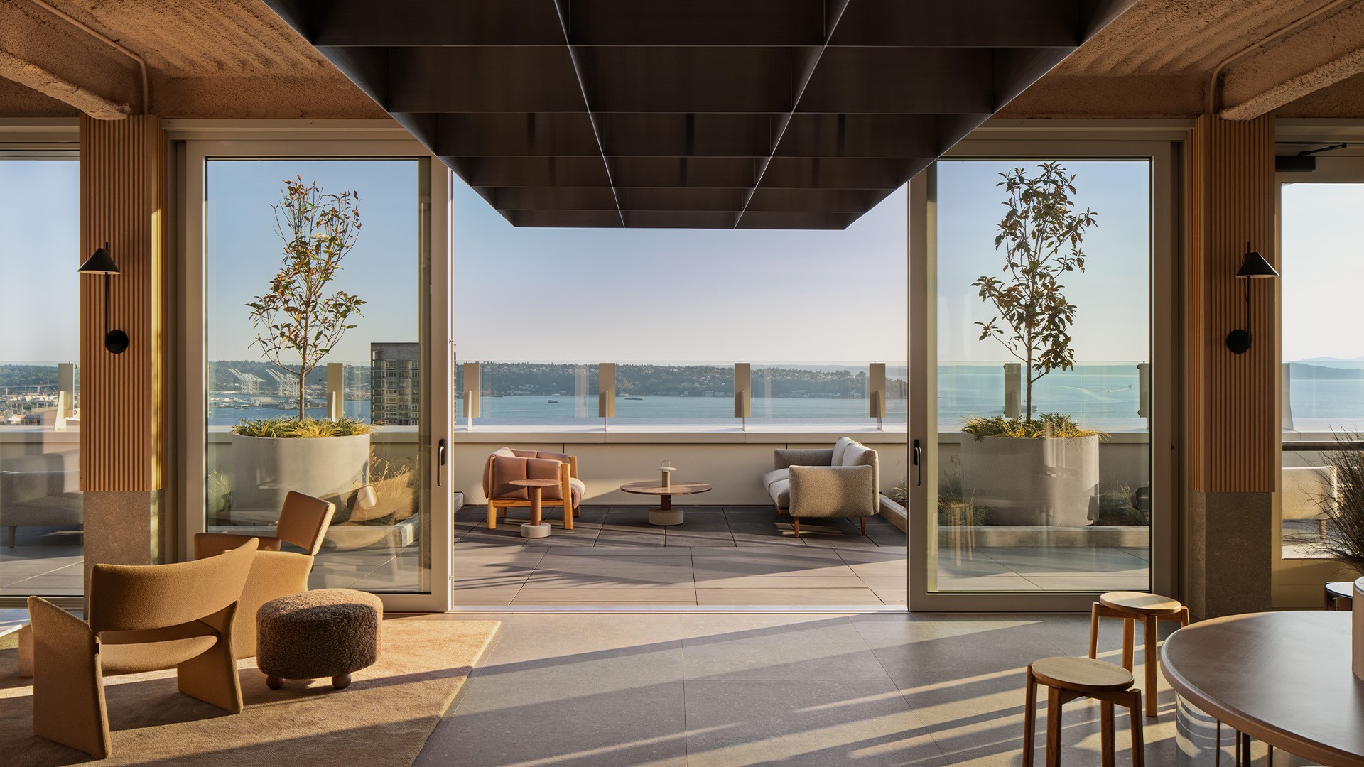 Modern and spacious living space overlooking bay. Modern and spacious living space overlooking bay.