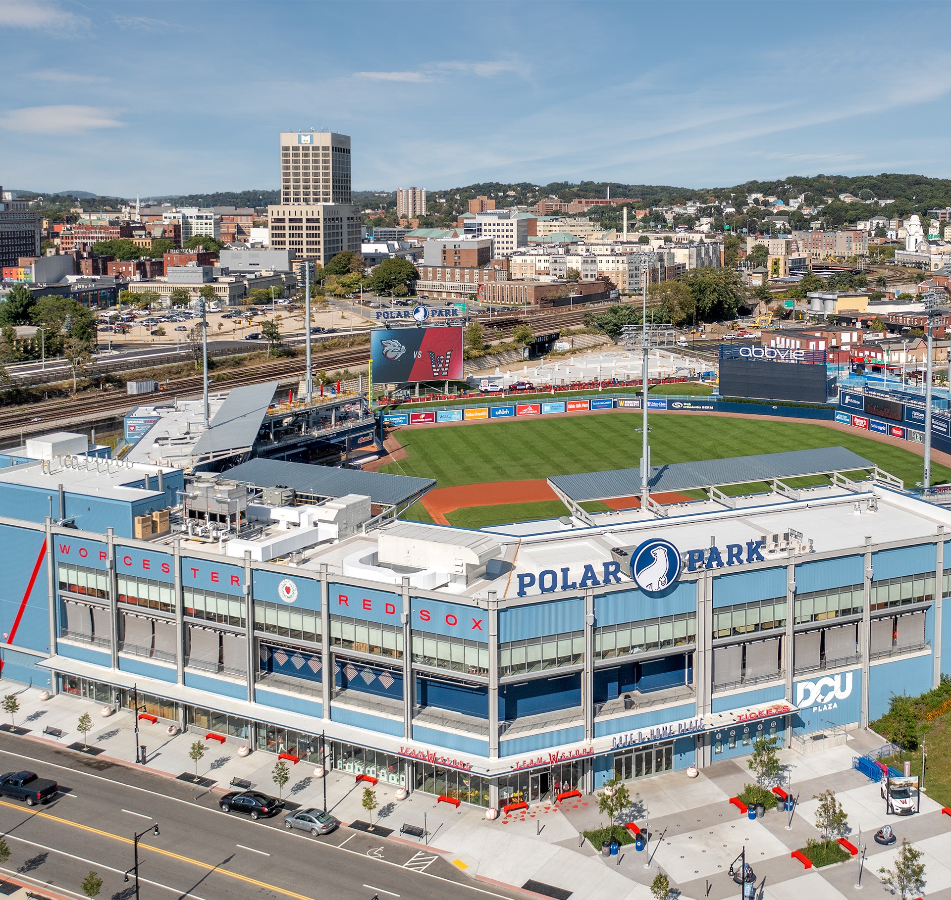 Worcester Red Sox Baseball Stadium Aerial View at Polar Park Aerial view of Polar Park baseball stadium, home of the Worcester Red Sox team.