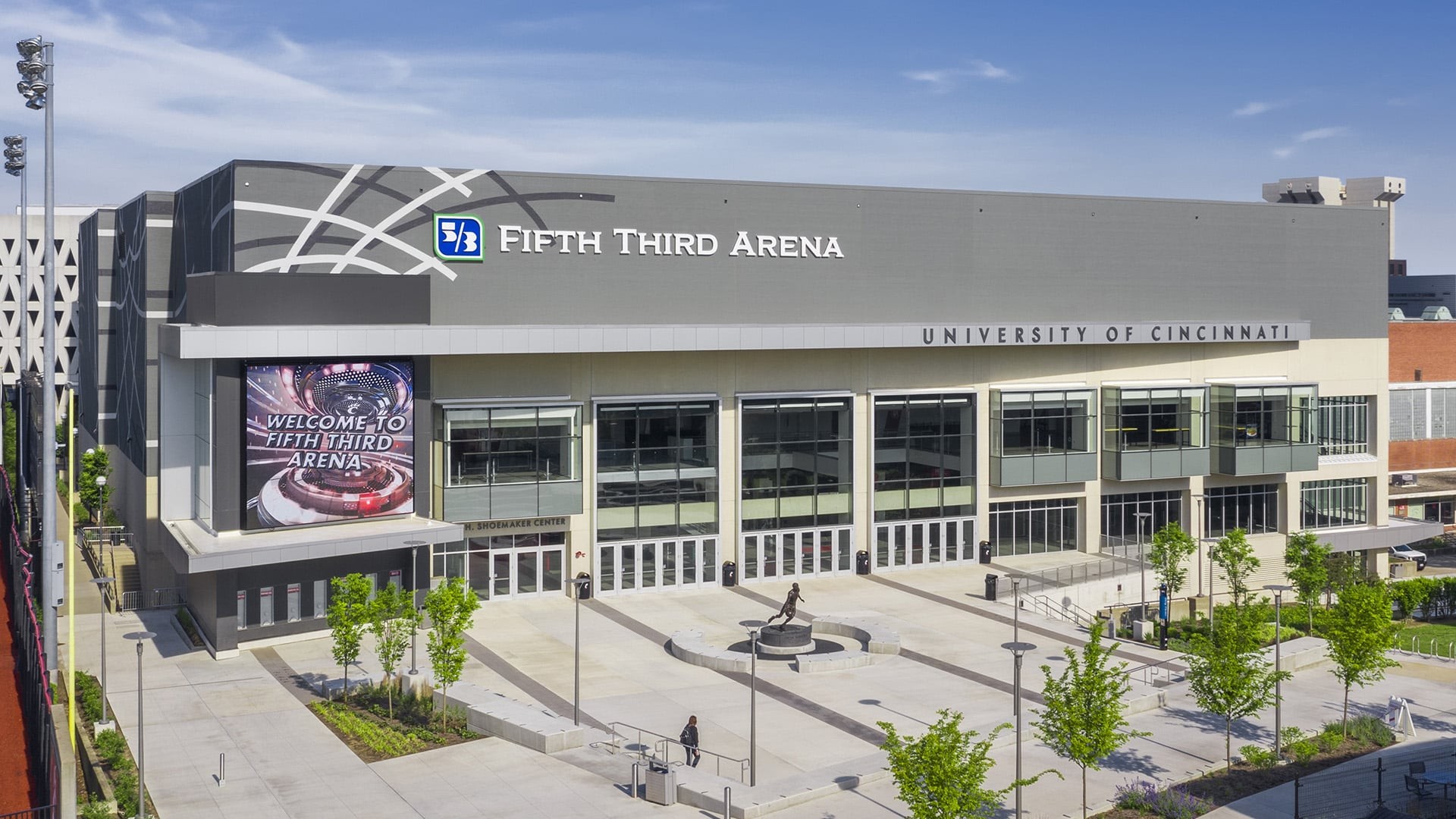 Exterior view of Fifth Third Arena at the University of Cincinnati on a clear day.