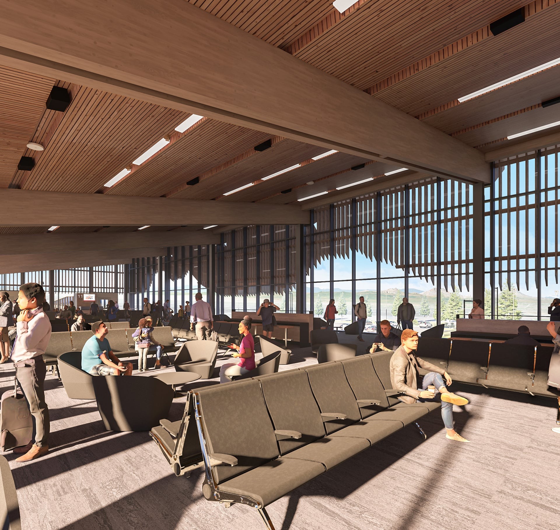 Modern airport lounge with natural light and spacious seating Spacious airport lounge with modern seating, large windows, and natural wood ceiling.
