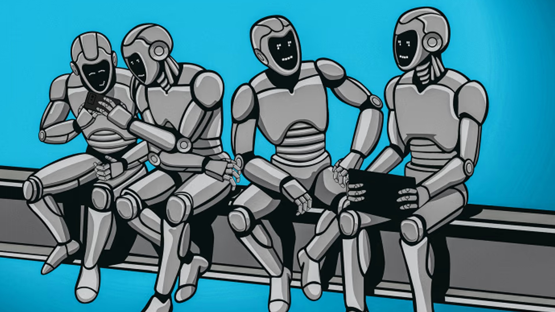 Robots Collaborating and Sharing Ideas on Digital Device Four humanoid robots sitting on a bench, interacting and using a tablet device.