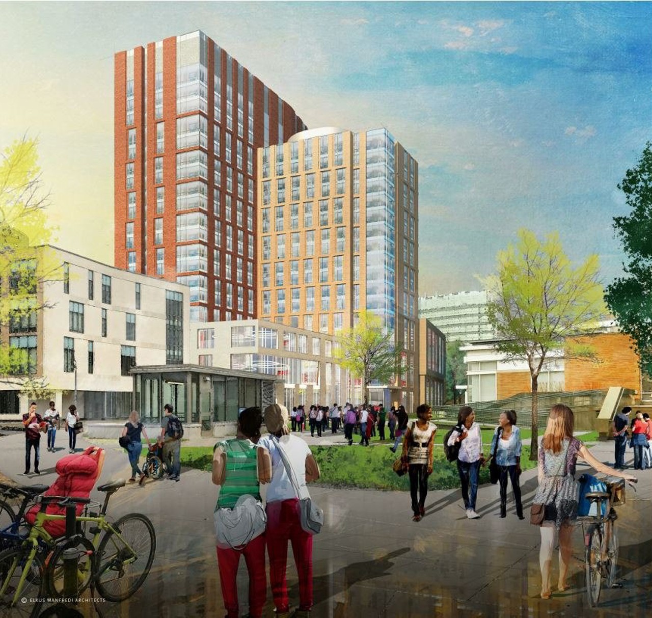 Modern Urban Living: Vibrant Cityscape with People and Bikes Urban scene with modern high-rise buildings, people walking, and bicycles in foreground.