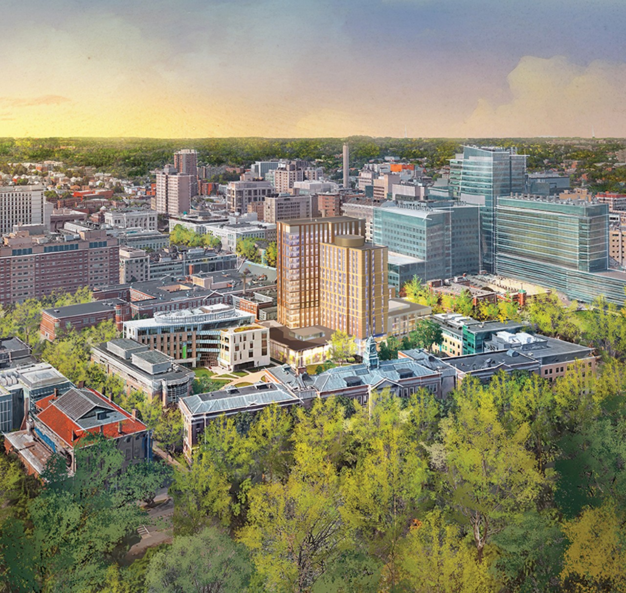 Modern city skyline with mixed-use buildings and greenery Aerial view of a modern urban cityscape with high-rise buildings and green trees.