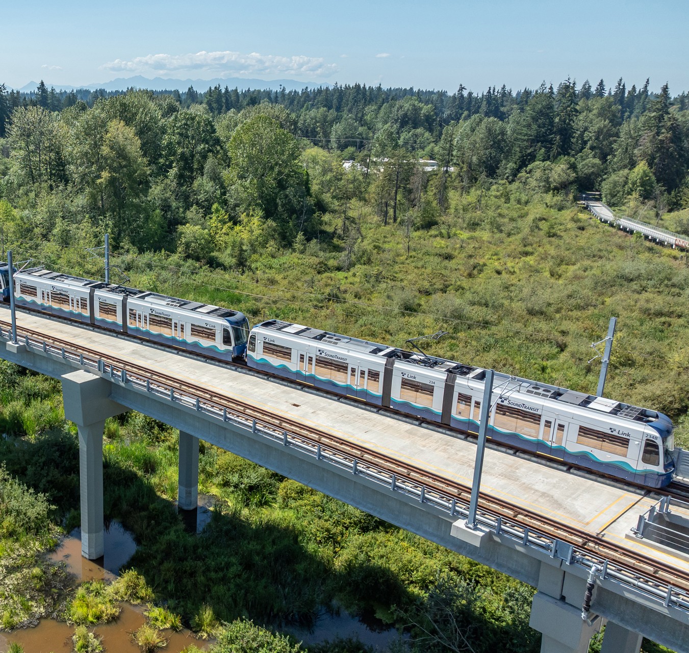 Modern Light Rail Train Crossing Scenic Elevated Bridge Modern light rail train traveling on elevated tracks surrounded by green forested area.