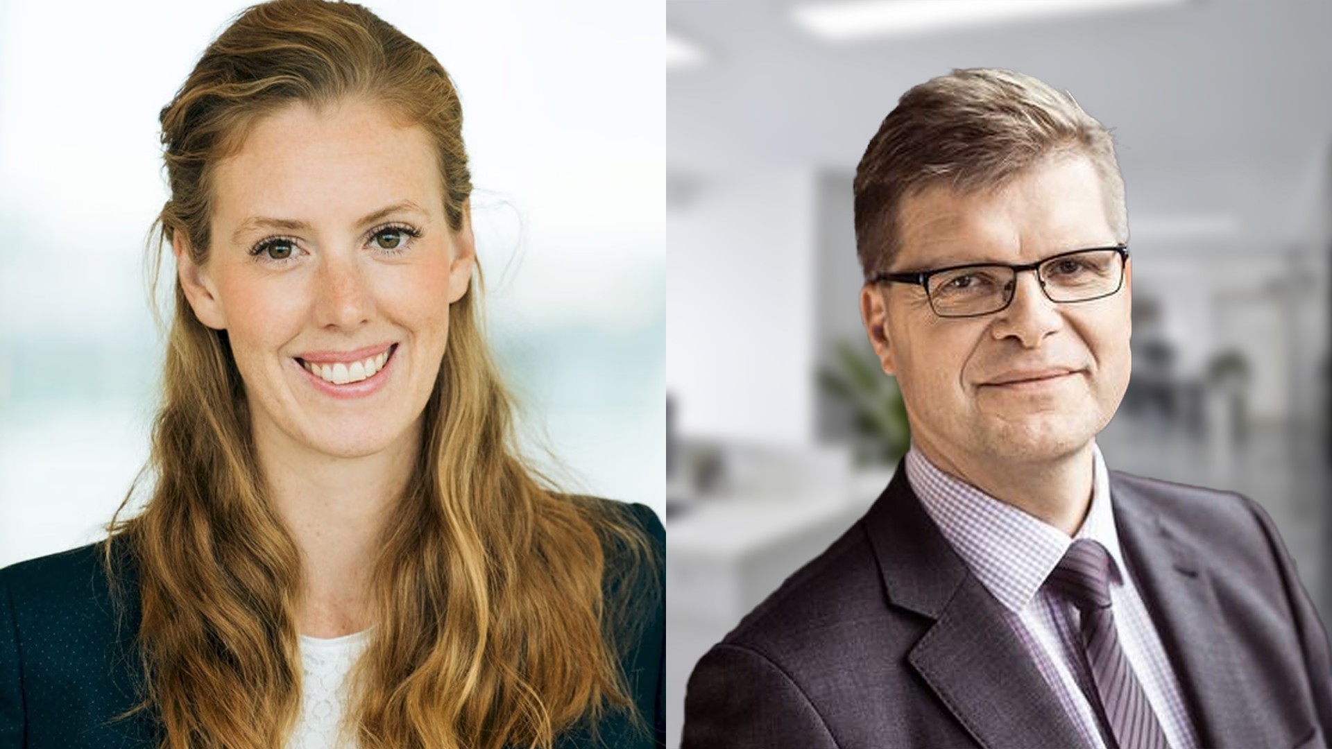 Antonia with long hair and Jari in glasses and suit.