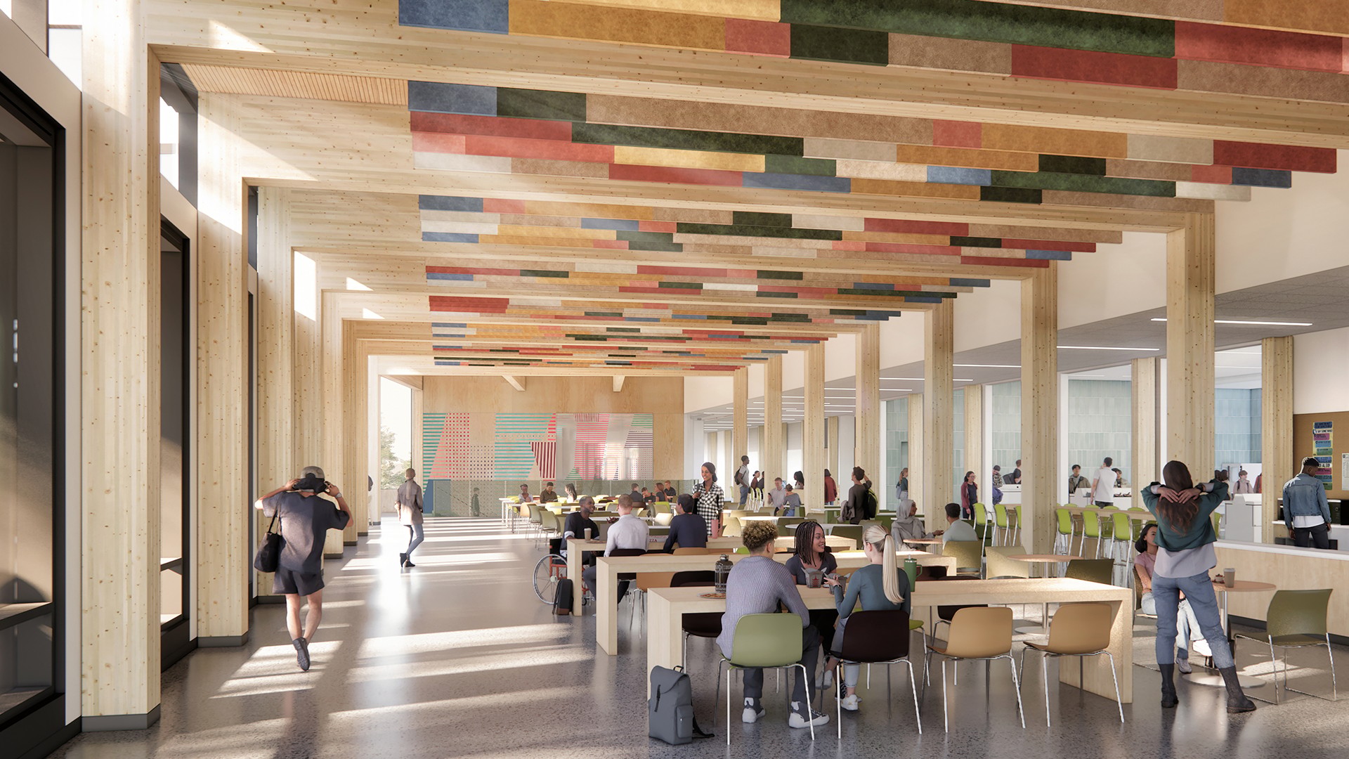 Spacious modern cafeteria with wooden beams, colorful ceiling panels, and people dining.