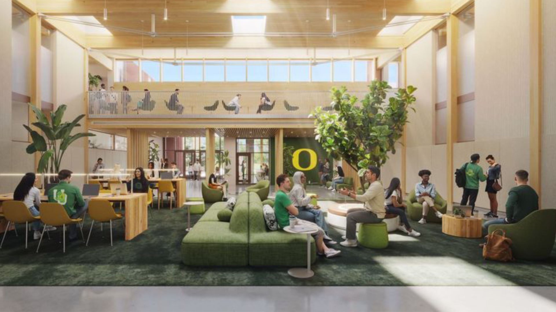 Modern university lounge with students socializing, studying, and green decor.