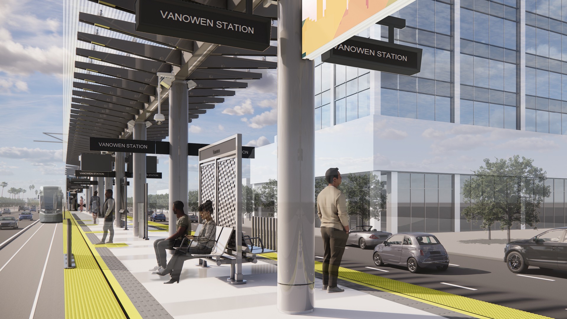 Vanowen Station platform with passengers waiting and nearby traffic on a sunny day.